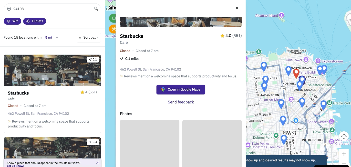 Map with color-coded pins and filter tags