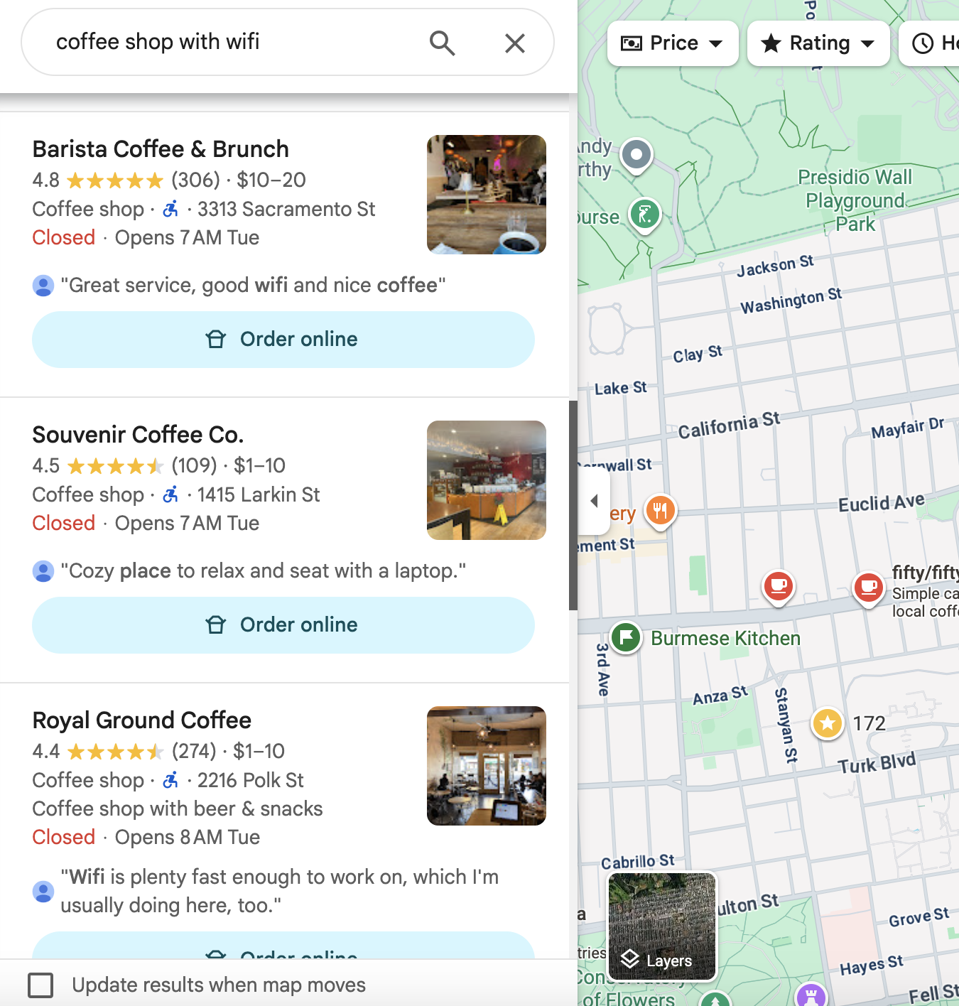 Google Maps search results for coffee shop with wifi in San Francisco