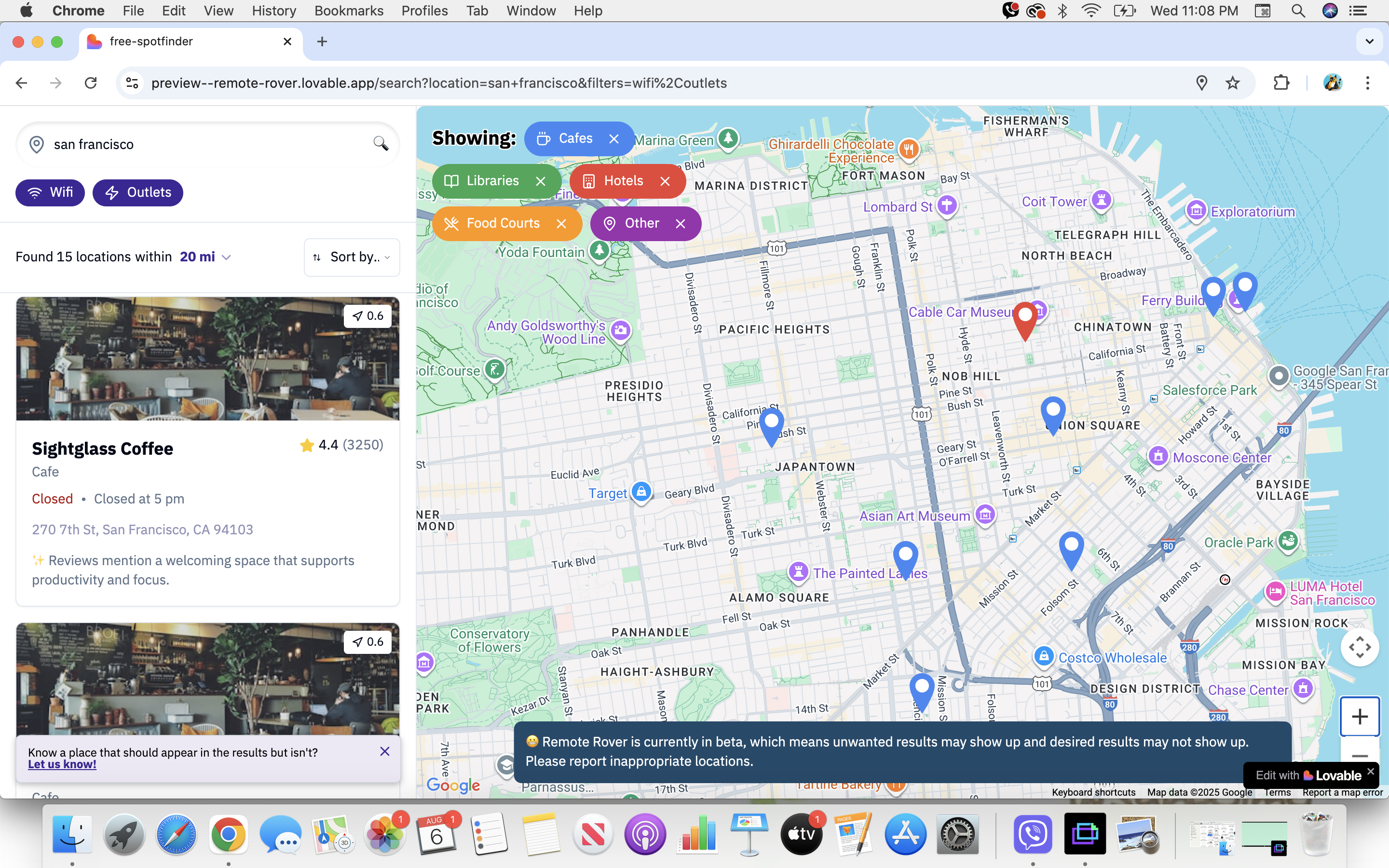 Google Maps search results for coffee shop with wifi in San Francisco