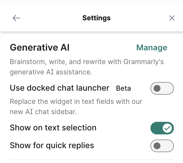 Grammarly AI toggle controls